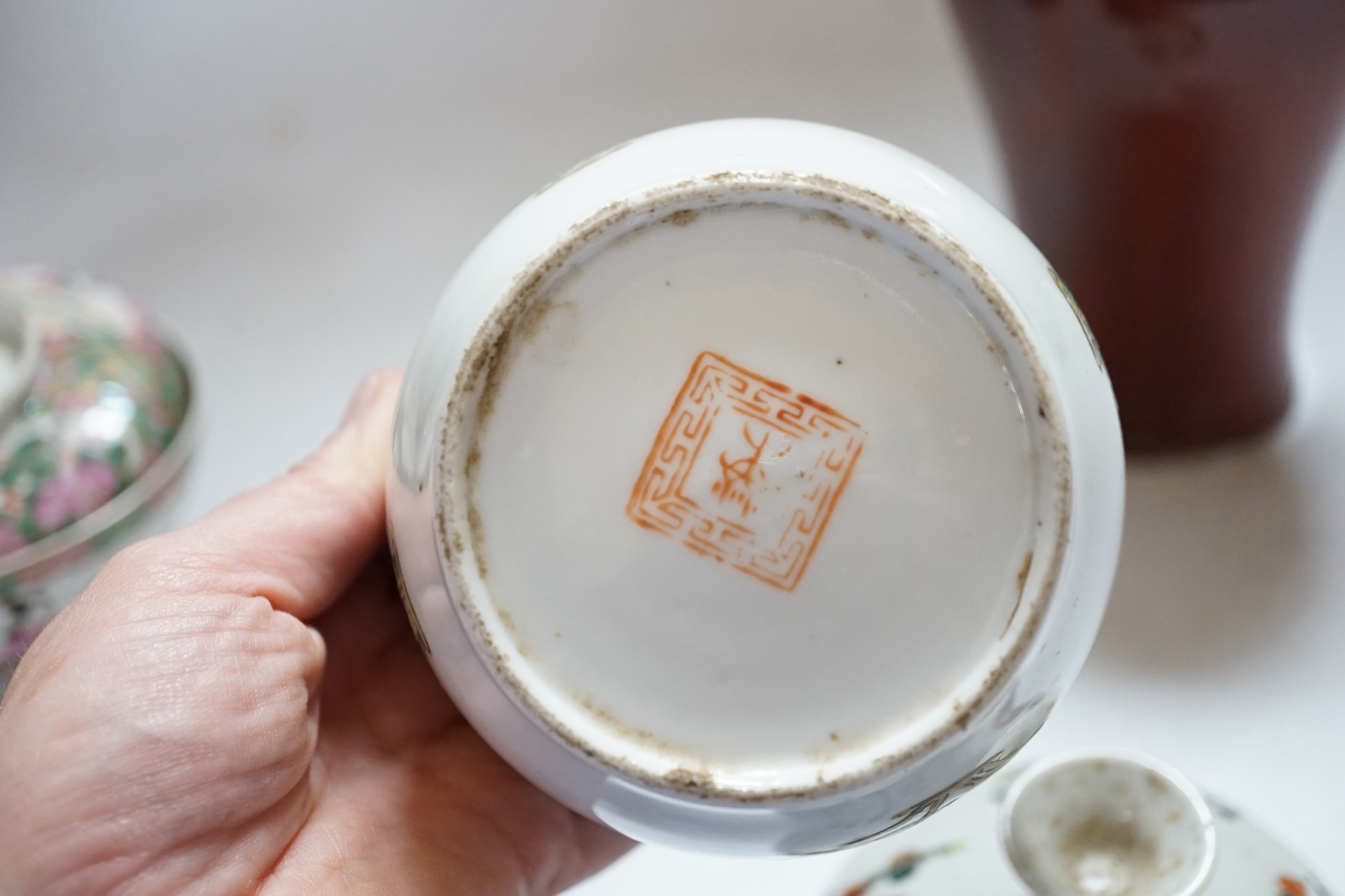 A Chinese sang de boeuf vase, 17.5cm high, and two others